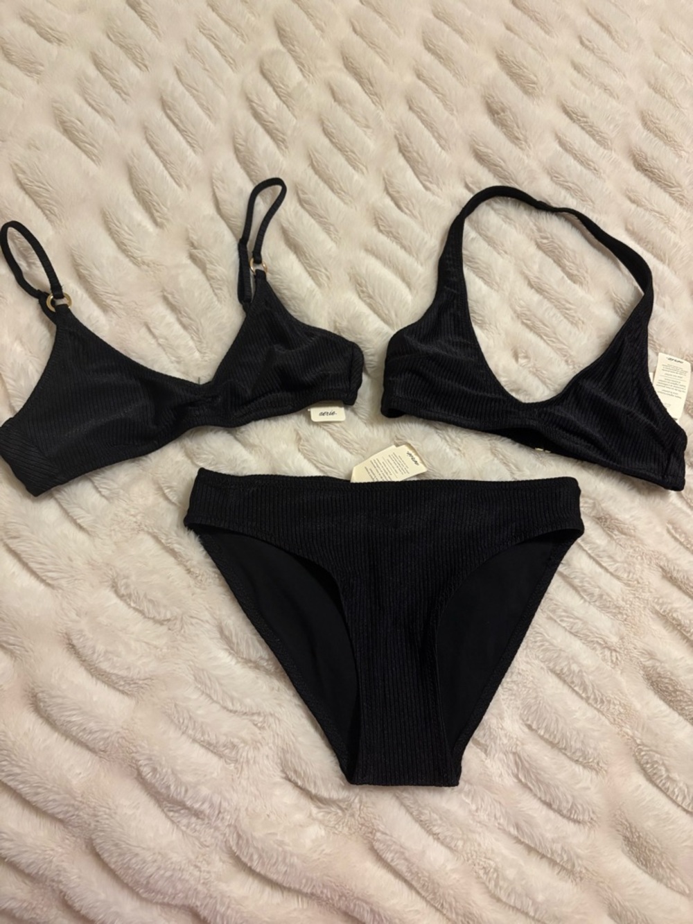 NWT aerie 3-piece Black Ribbed Bikini Tops and Bottom Set